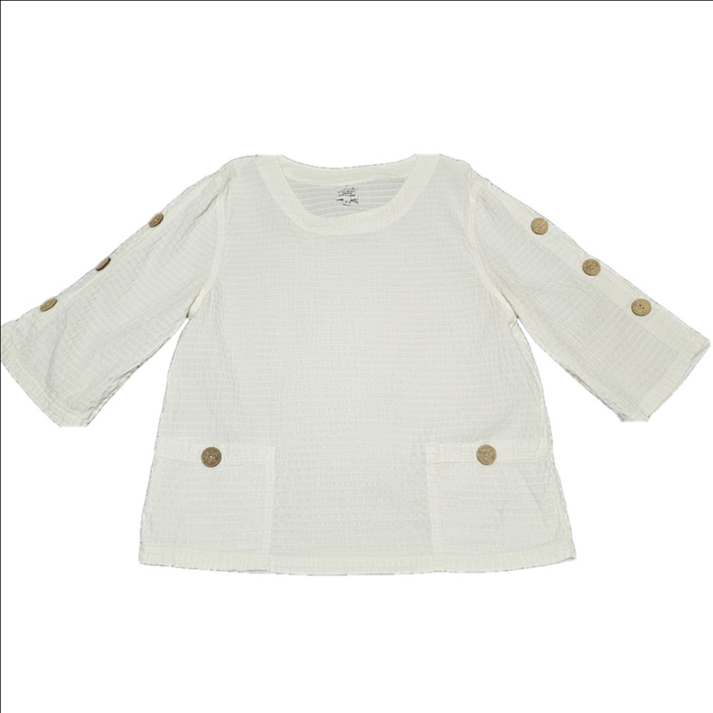 Focus 100% Cotton White Blouse Top Wood Button Sleeves Lightweight Small